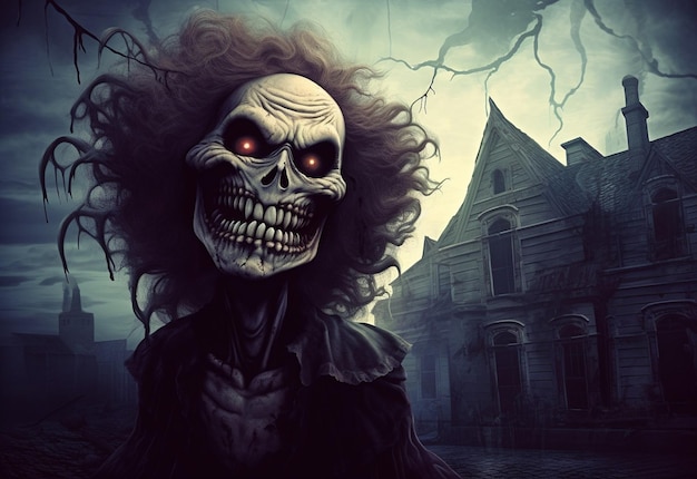 a creepy skeleton with a scary face is in front of a scary house.