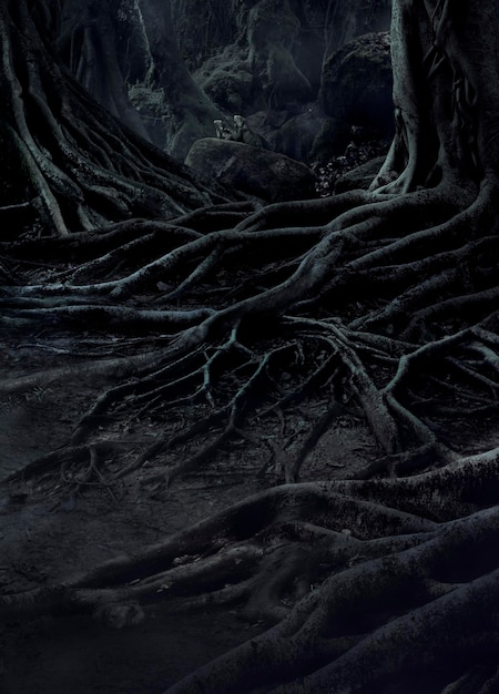 Creepy trees with twisted roots and two lizard on misty night\
forest scary concept