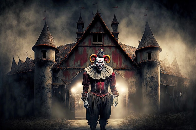 Creepy village circus with sinister clown in mask