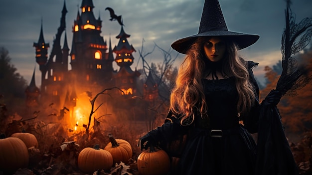 Creepy witch halloween woman and the old castle