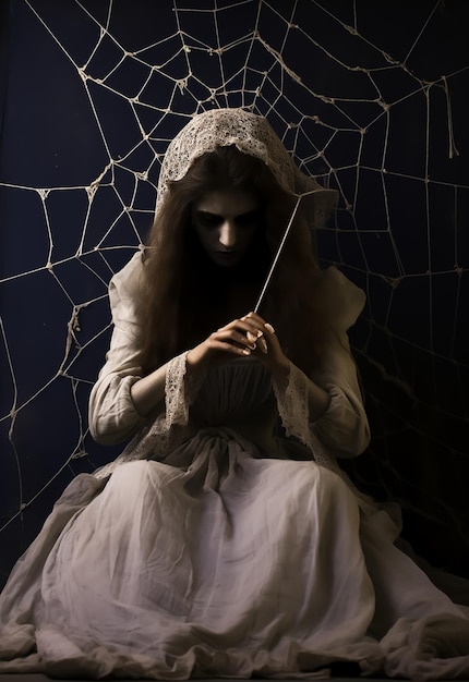 壊れた花嫁のドレスを着た恐ろしい魔女が蜘蛛網の空洞のポスターに落ちる