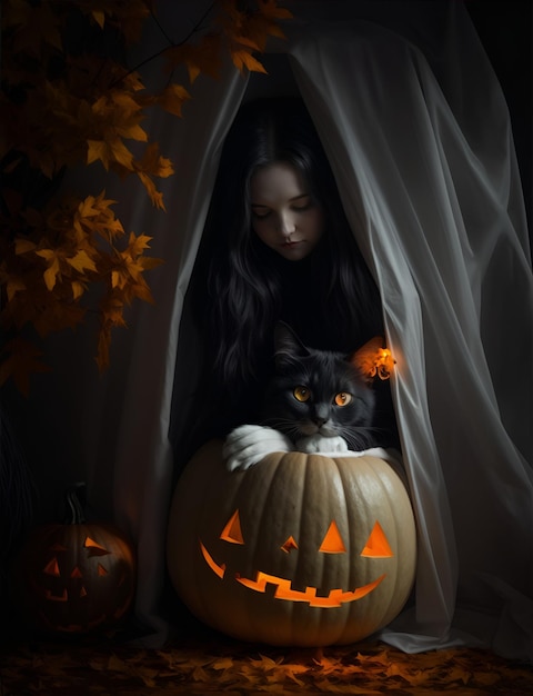 creepy woman with halloween pumpkin in dark place 03