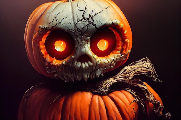 Creepy zombie jackolantern pumpkin with burning eyes Halloween illustration