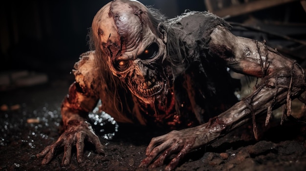 Creepy zombie met bloedig gezicht grommen en fluiten terwijl kruipen op de straat trottoir Generatieve AI beeld