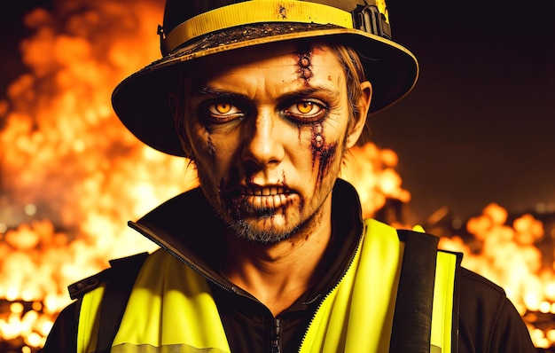 Creepy zombie in uniform on the background of a burning city zombies during the apocalypse generative ai