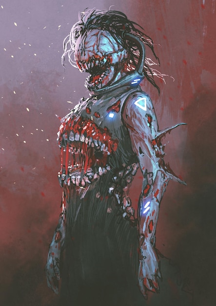 creepy zombie with bloody mouth in the middle of body, digital art style, illustration painting