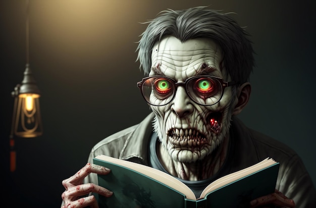 A creepy zombies with glasses reading a book in a dark room portrait of a zombie man generative ai