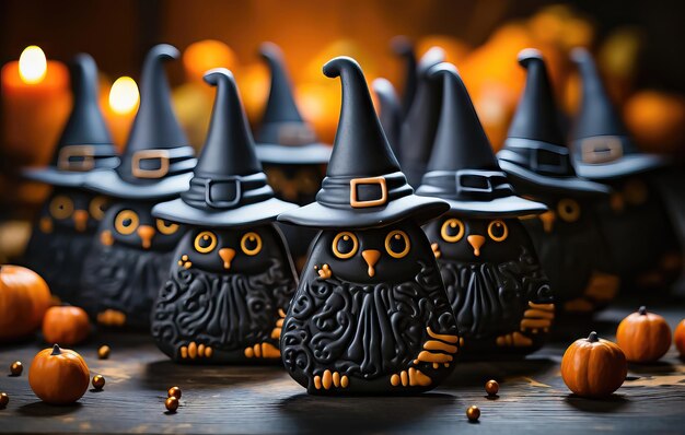 Foto creepycute halloween-snacks pompoen en heksenhoed eten generatieve ai