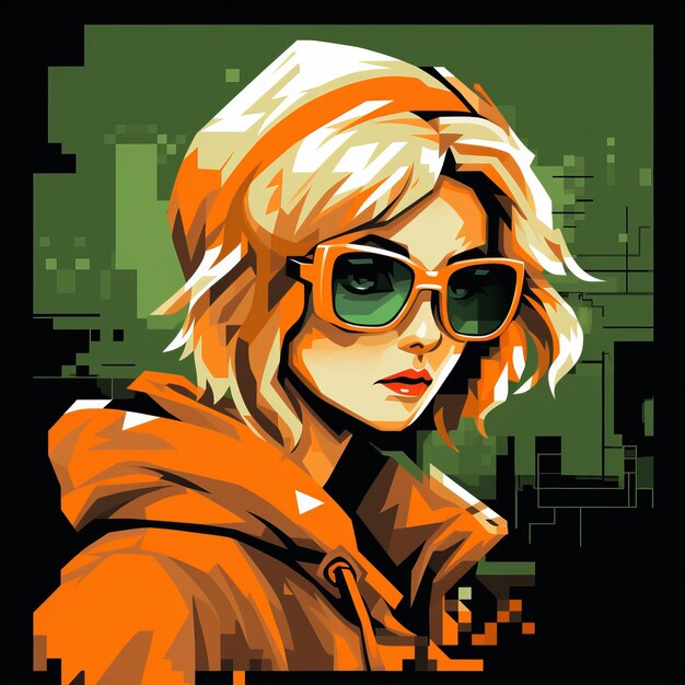 Photo creez un personnage feminin blond avec des lunettes dans le style 8bit