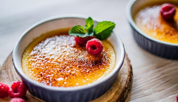 Foto creme brule dessert gouden karamelized top onder levendige achtergrondverlichting