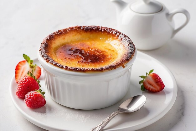 Foto creme brulee op een witte tafel.