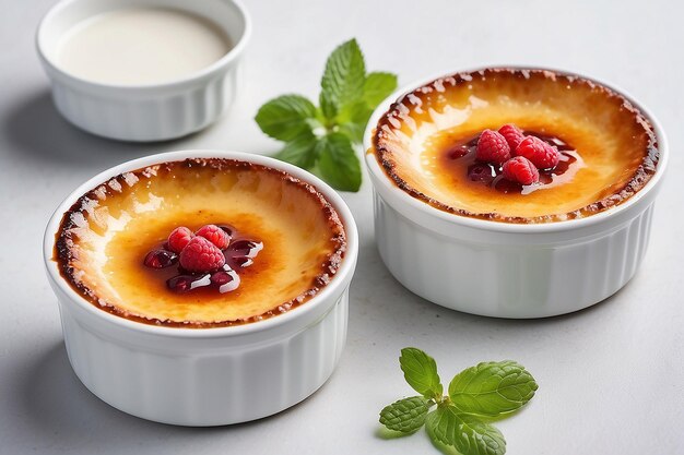 Photo creme brulee on a white table