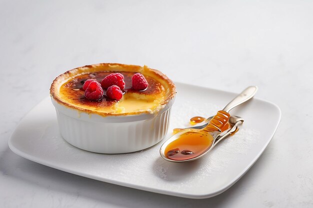 Foto creme brulee su un tavolo bianco