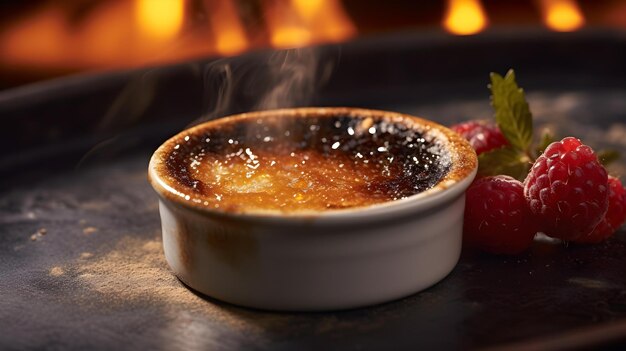 Foto creme brulee con una crosta di zucchero caramellato croccante sullo sfondo sfocato