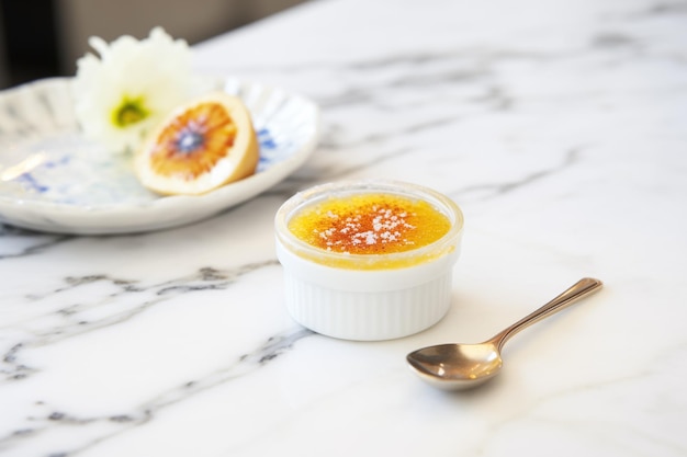 Photo creme brulee with golden spoon on marble counter