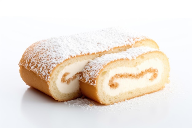 Crème Swiss roll op een witte achtergrond