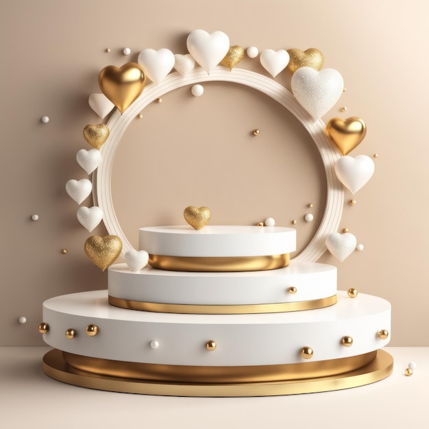 Crème wit podium met harten en gouden ballen Valentijnsdag jubileum podium