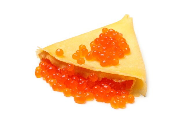 Crepe with red caviar isolated on white background