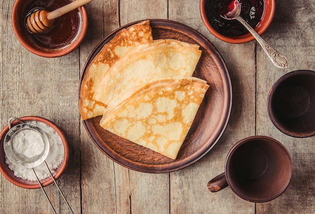 Crepes are homemade. Pancakes. Selective focus. Food