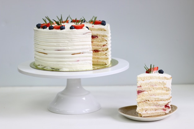 Crepes cake with fruits on a plate