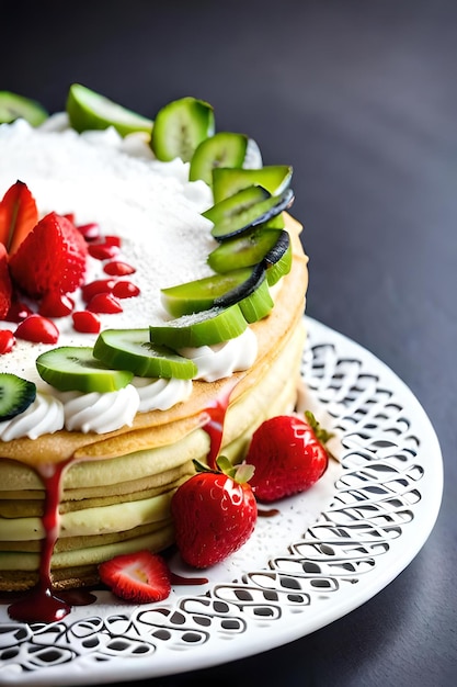 crepes cake with matcha cream and kiwi fruit slices and strawberry