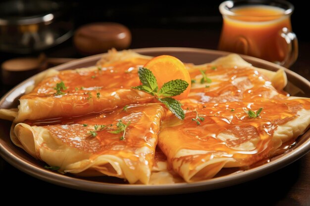 Crepes Suzette a French dessert consisting of crepes with beurre Suzette drizzled with a luscious