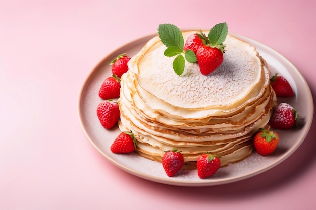 Crepes with ricotta cheese and fresh strawberries on pink pastel background top view copy space