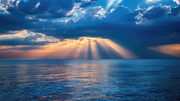 Crepuscular Rays on Tyrrhenian Sea at Sunrise or Sunset Dusk and Dawn Jacobs Ladder with Blue