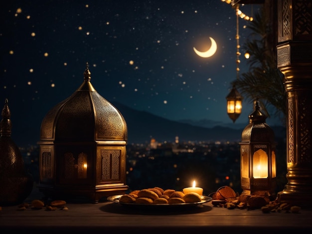 The crescent of the holy month of Ramadan at night the concept of Ramadan