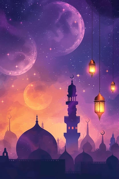 Crescent Islamic with mosque for Ramadan Kareem and eid mubarak Golden Half Moon patternbackgroundvector illustration