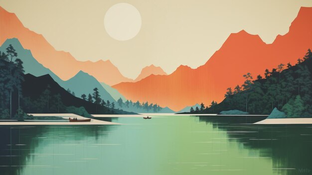 Photo crescent lake a stunning 1970s screen printed color blocking painting