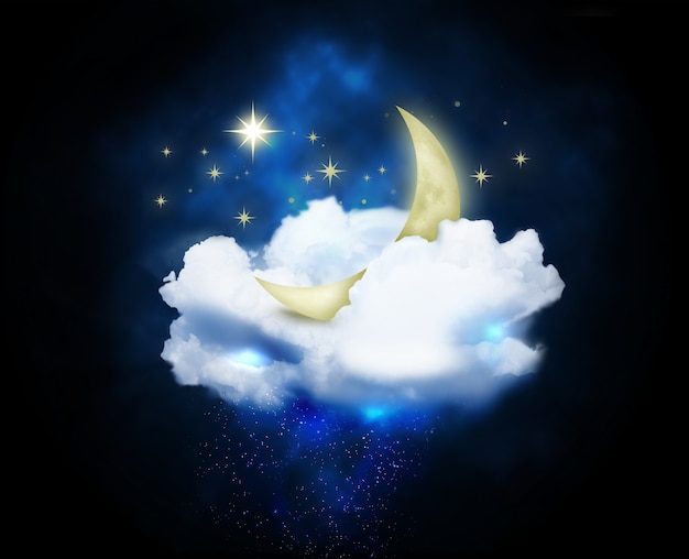 Photo crescent moon in the clouds and stars in the night sky