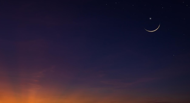 夕方の三日月と紺色の時間空薄明の背景よく編集テキスト