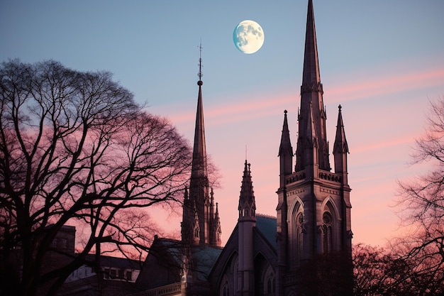 Crescent moon framed by the spires of a cathedral