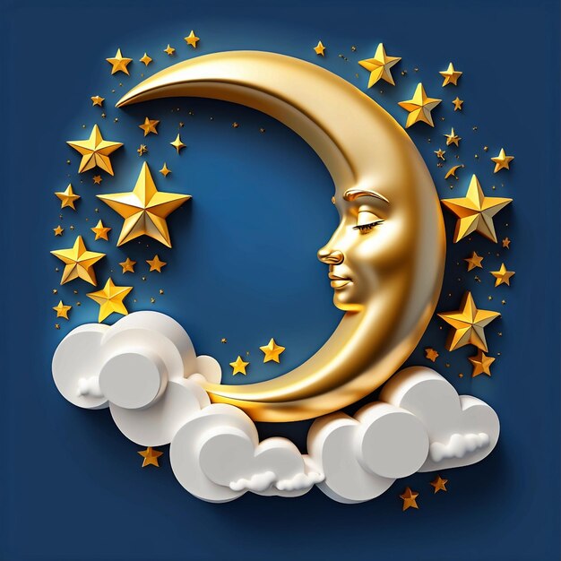 Photo crescent moon golden stars and white clouds 3d style