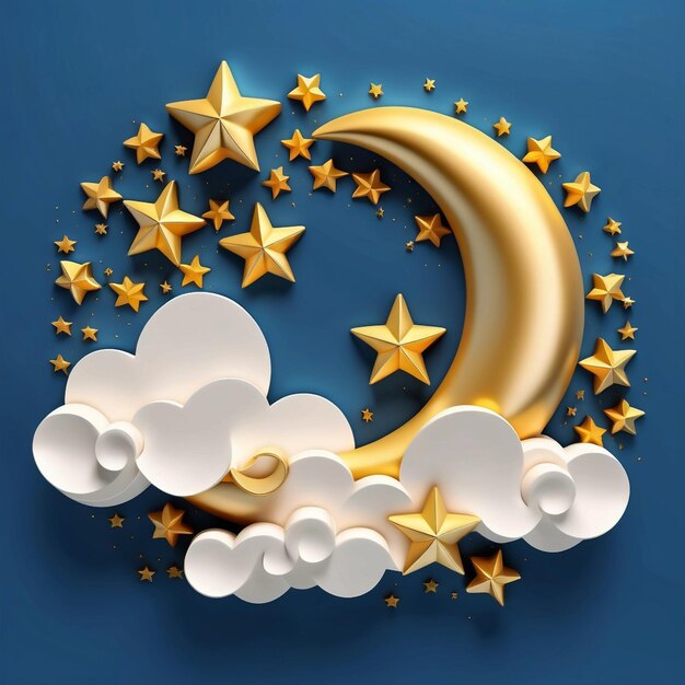 Foto luna crescente stelle dorate e nuvole bianche in stile 3d