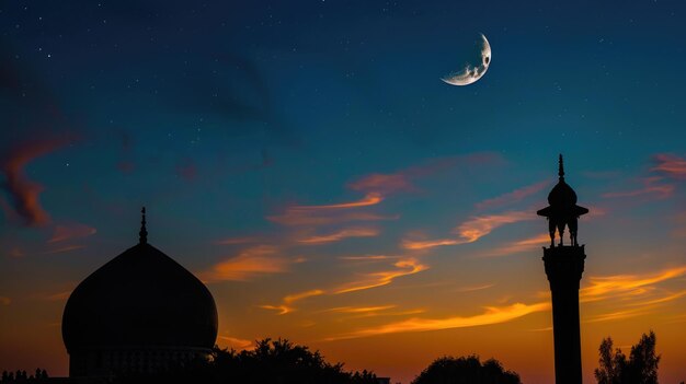 Crescent moon over Islamic mosque silhouette against twilight sky