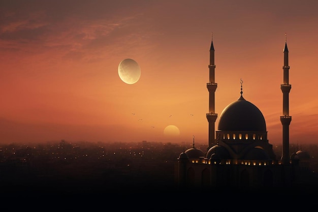 Crescent moon and mosque dome at dusk