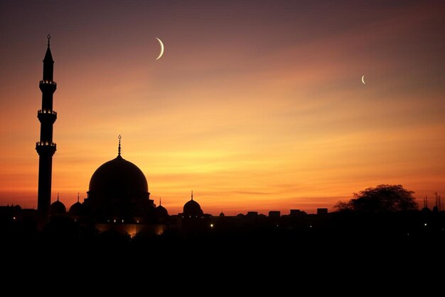 Crescent moon and mosque silhouette at sunrise