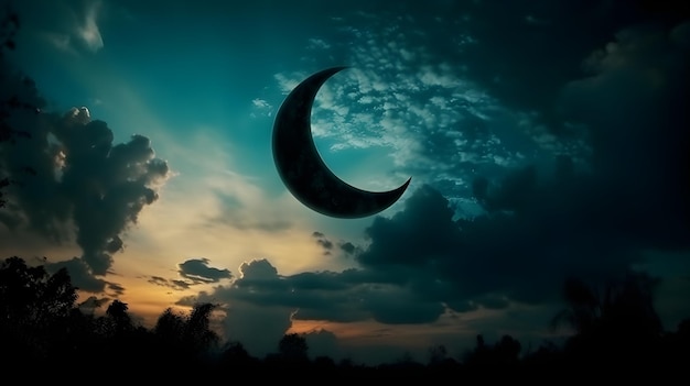 A crescent moon in the night sky