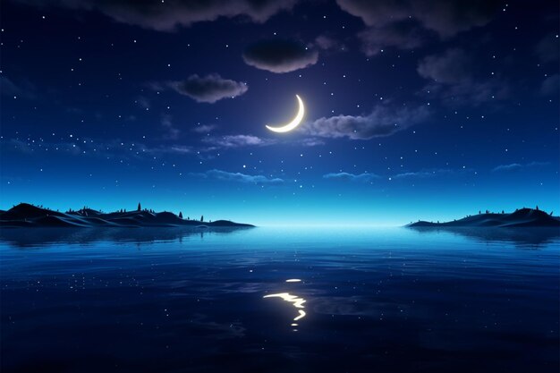 Crescent moon over the sea stars and a tranquil night