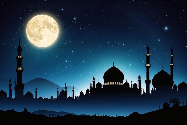 Photo crescent moon and silhouette mosque in the bright night for ramadan kareem background