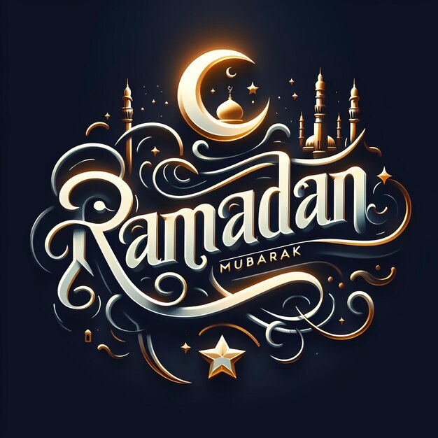 Photo a crescent moon and star shining brightly above a mosque the text ramadan mubarak is written