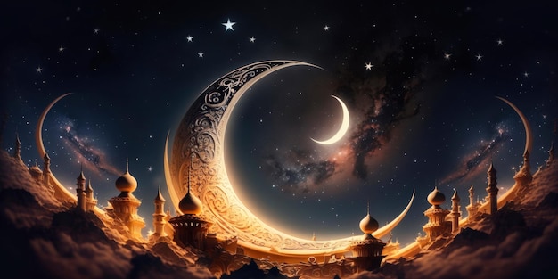 Crescent moon and stars symbolizing the start of Ramadan Generative AI