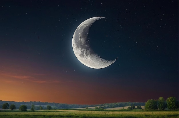 Crescent moon over a tranquil countryside