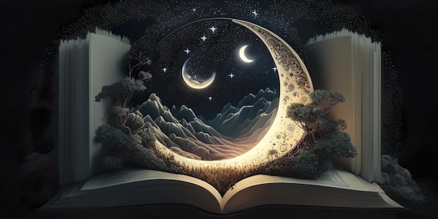 Crescent moon while reading book fantasy dreamy fairytale illustration concept