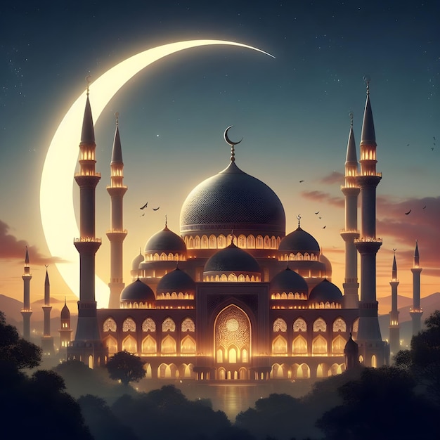 夕方 の 背景 に 美しい モスク が ある 半月
