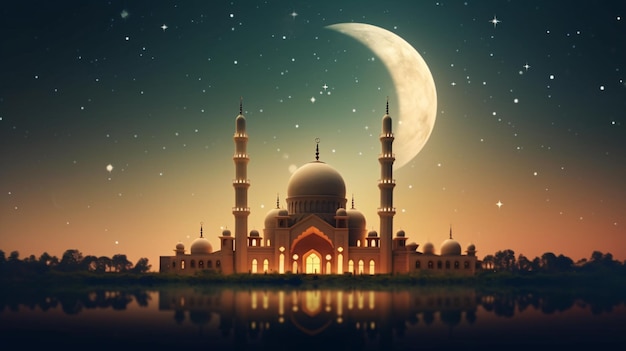 crescent moon with a beautiful mosque in the evening