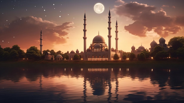 crescent moon with beautiful mosque