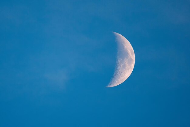 Luna crescente con cielo blu. bella giovane mezza luna sul cielo blu. messa a fuoco selettiva.